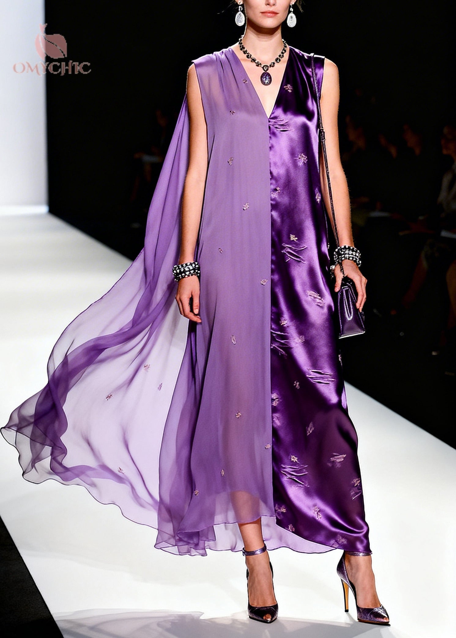 Satin Chiffon Distressed Slit Split Panel Deep V-Neck Cape Drape Maxi Gown