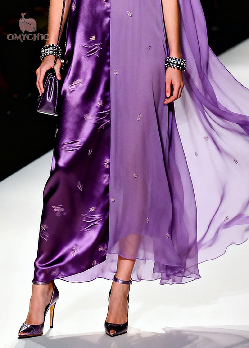 Satin Chiffon Distressed Slit Split Panel Deep V-Neck Cape Drape Maxi Gown
