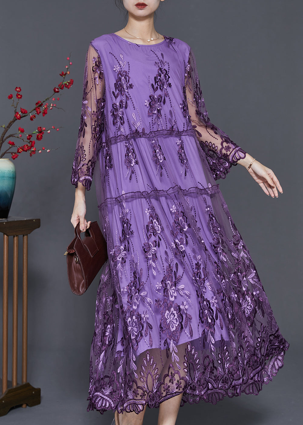 Tulle Floral Embroidery Long Sleeve Tiered Scalloped Lace Hem Midi Dress