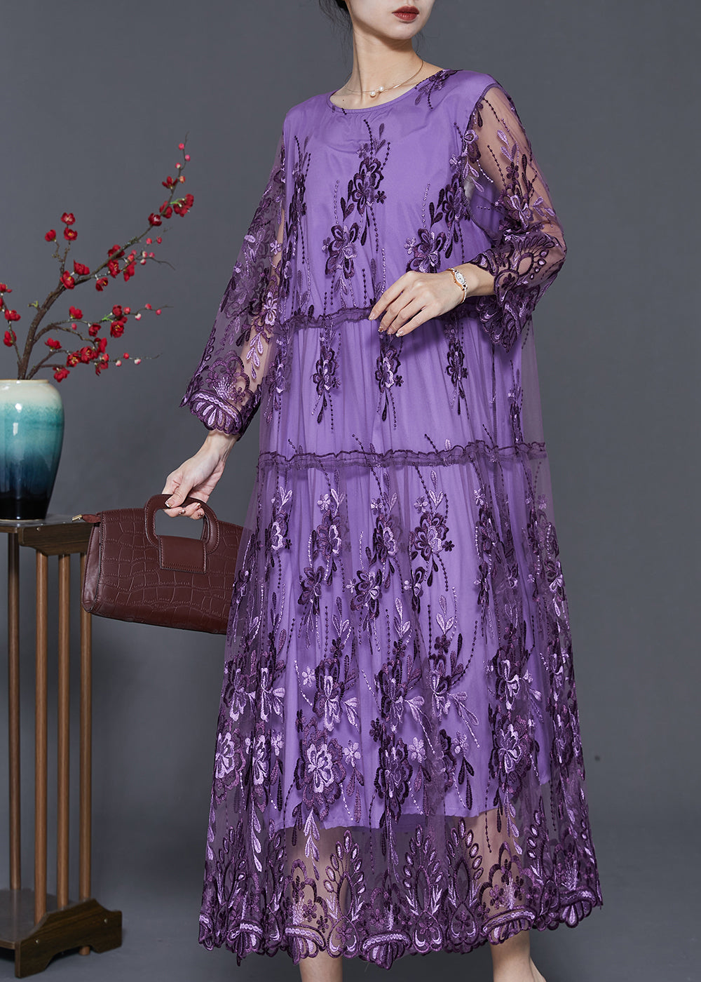 Tulle Floral Embroidery Long Sleeve Tiered Scalloped Lace Hem Midi Dress