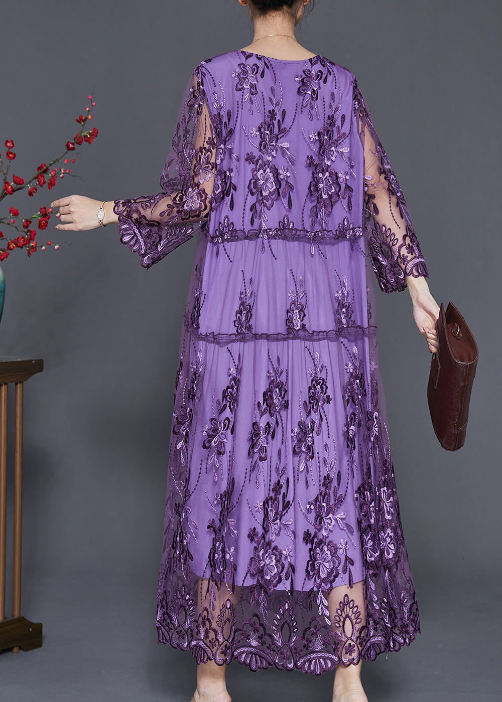Tulle Floral Embroidery Long Sleeve Tiered Scalloped Lace Hem Midi Dress