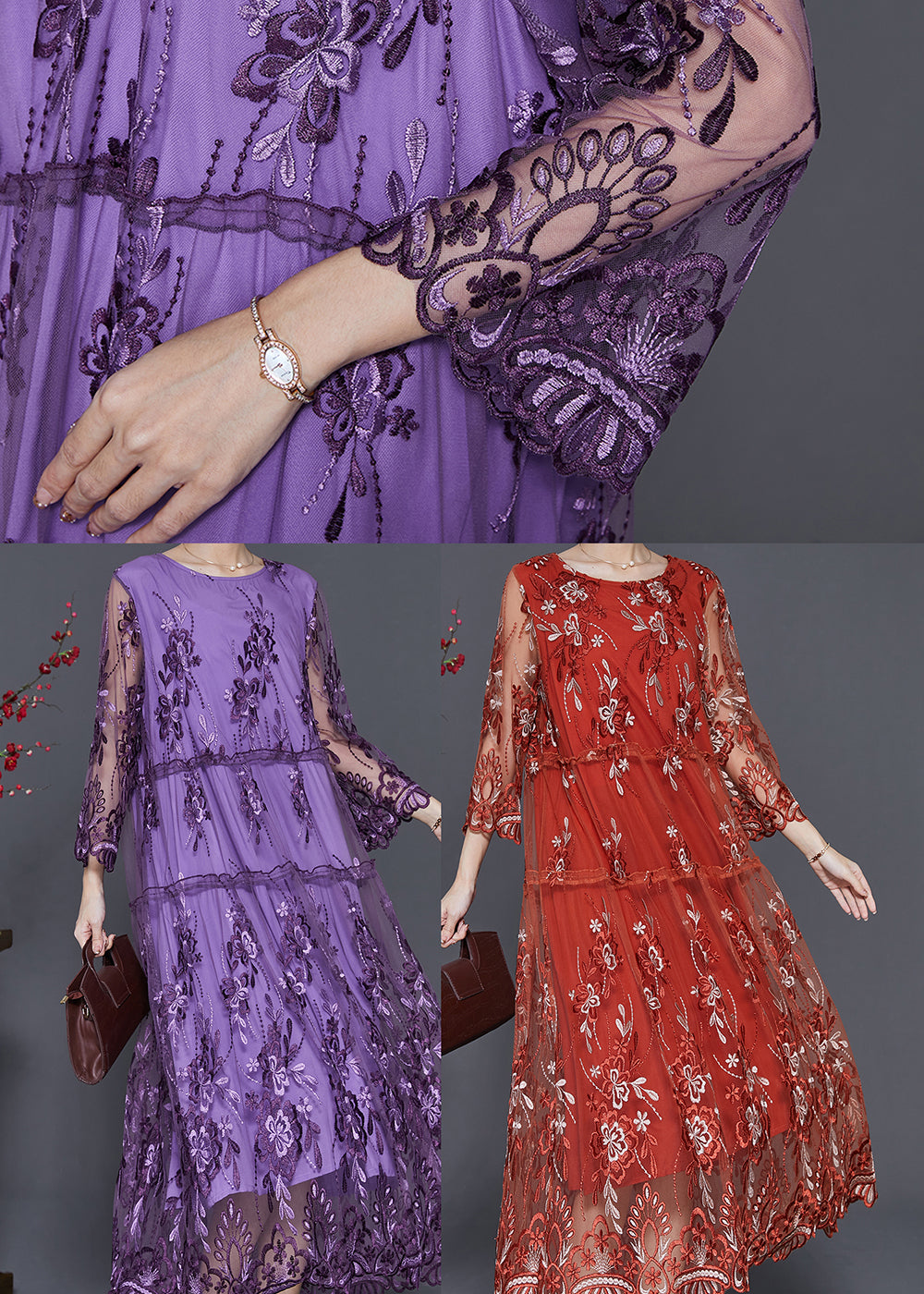 Tulle Floral Embroidery Long Sleeve Tiered Scalloped Lace Hem Midi Dress