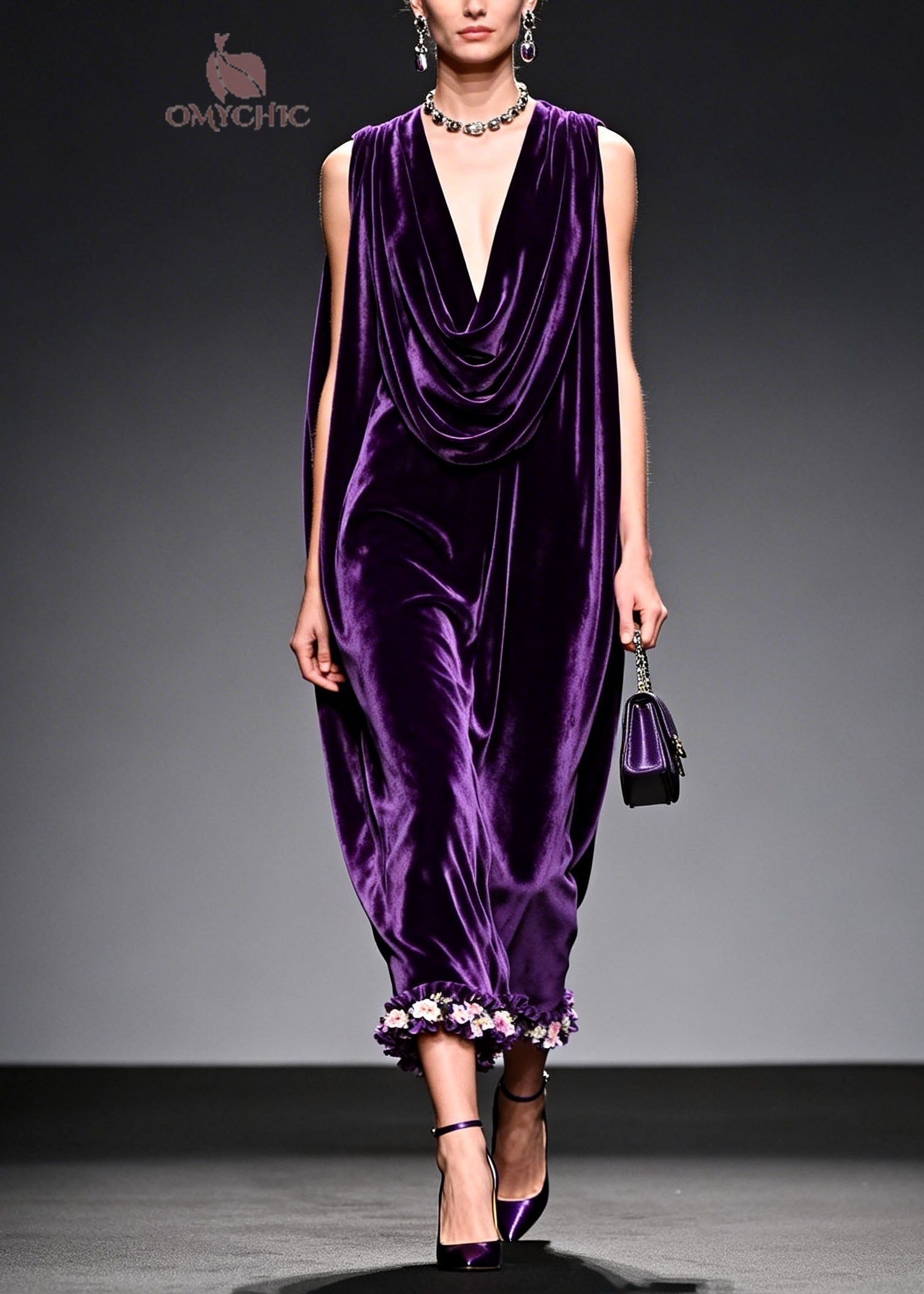Italian Purple Floral Patchwork Velvet Long Dress Sleeveless