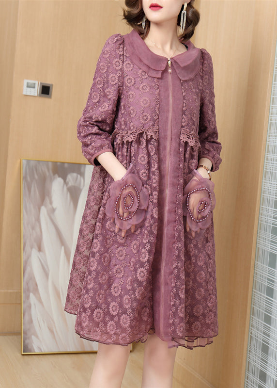 Lace Peter Pan Collar Zip Front Pearl Applique Mesh Hem Midi Dress
