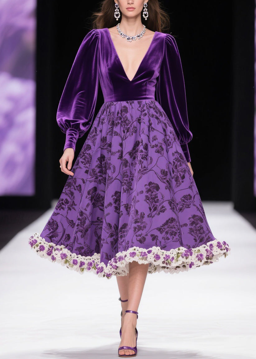 Velvet Deep V-Neck Bishop Sleeve Floral Damask Lace Crochet Hem Midi Dress