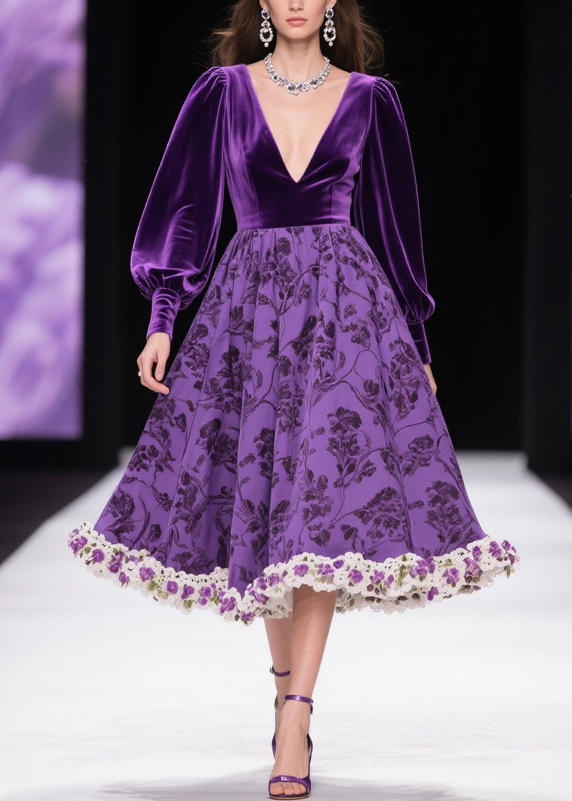 Velvet Deep V-Neck Bishop Sleeve Floral Damask Lace Crochet Hem Midi Dress