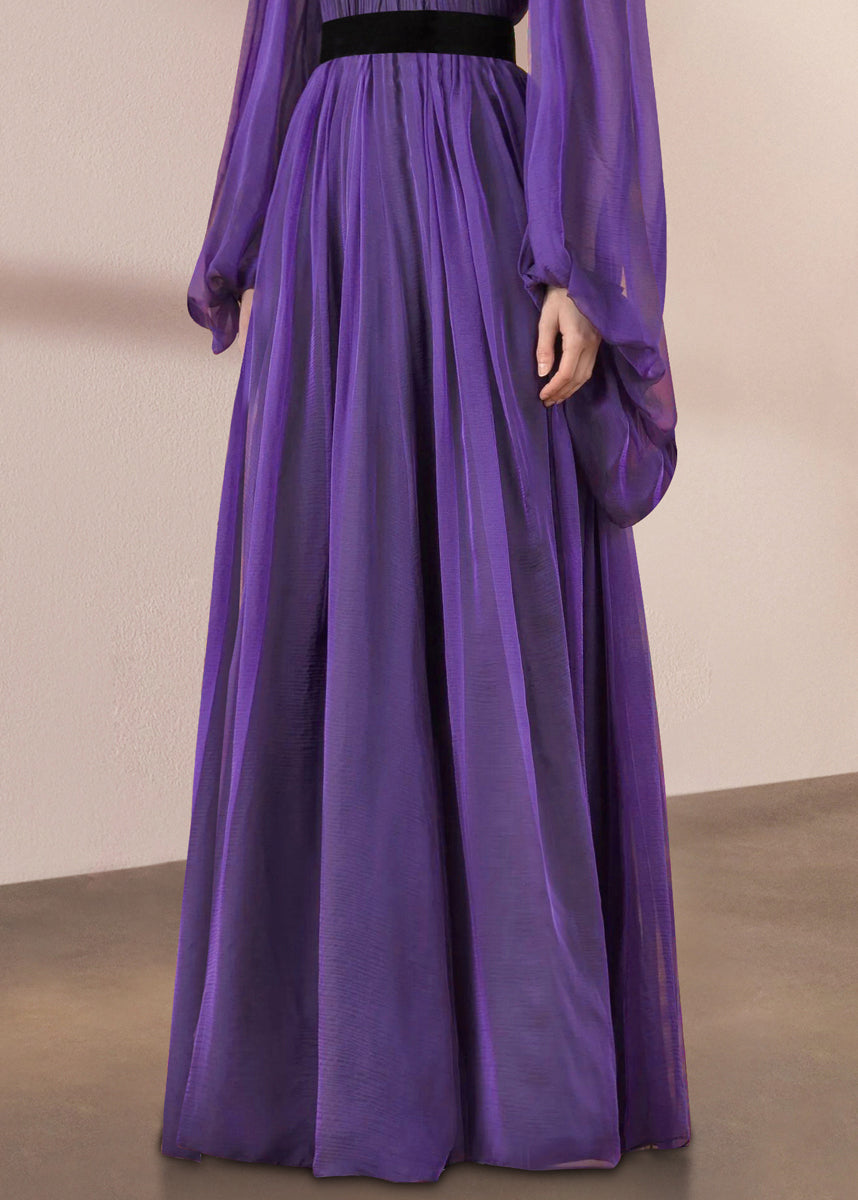 Pleated Mock Neck Balloon Sleeve Contrast Waist A-Line Maxi Dress