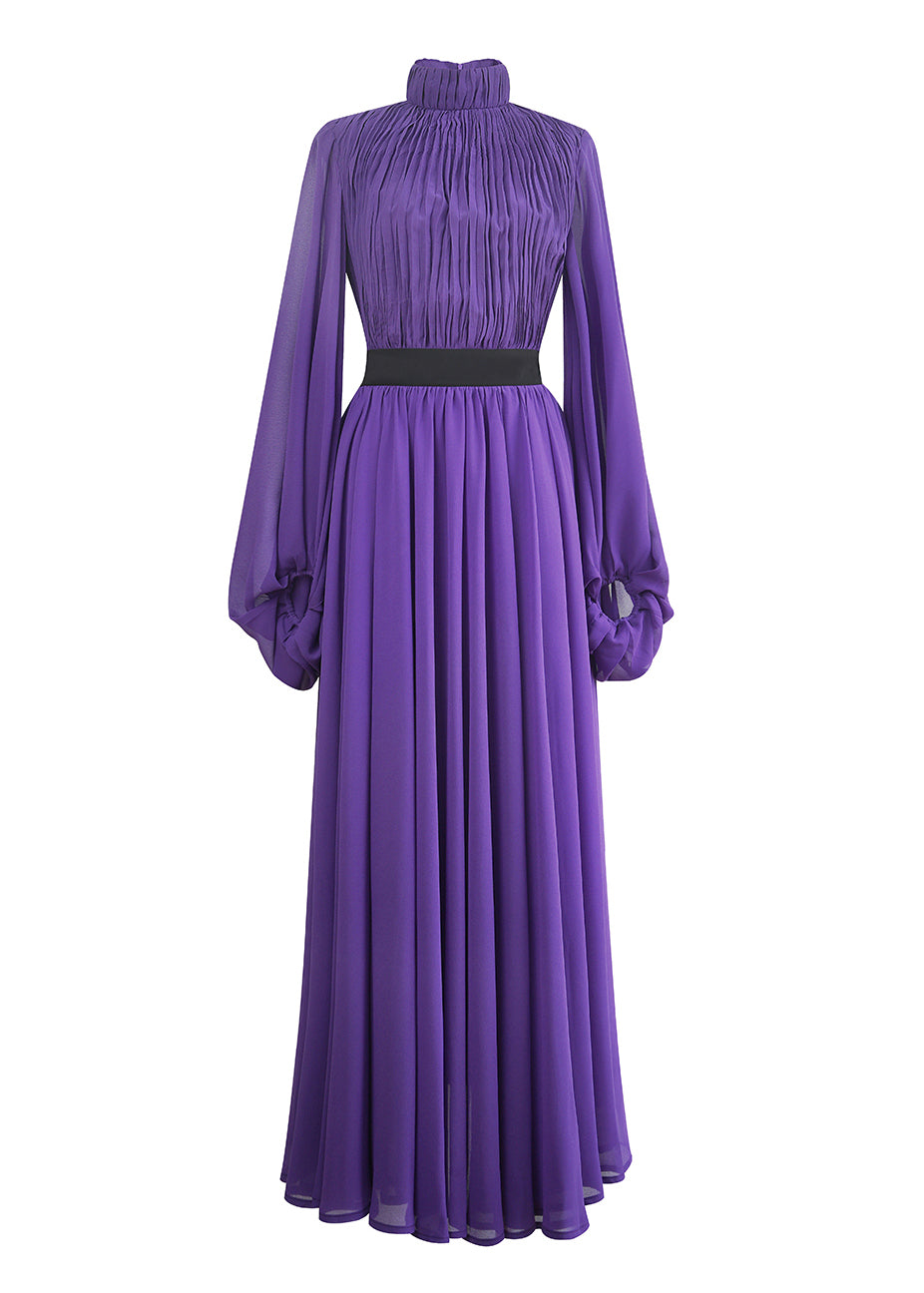 Pleated Mock Neck Balloon Sleeve Contrast Waist A-Line Maxi Dress
