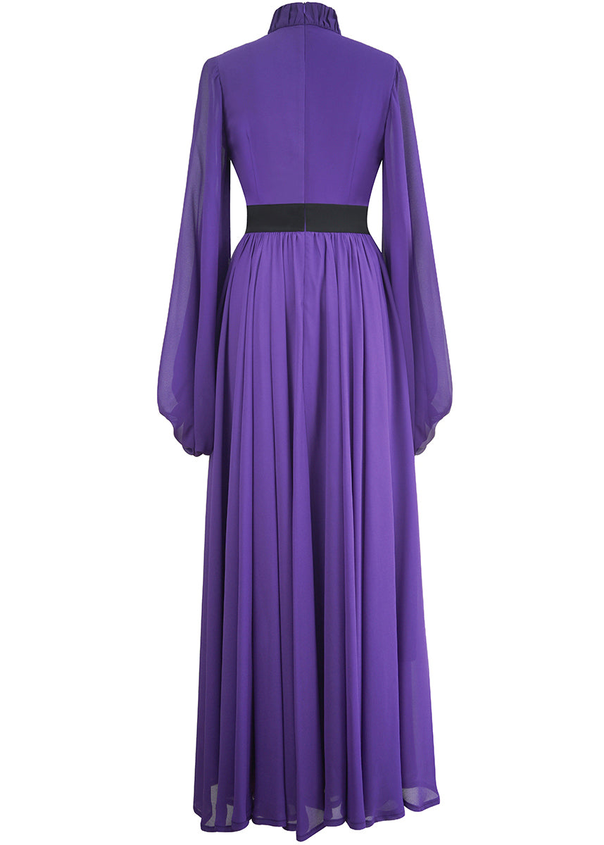 Pleated Mock Neck Balloon Sleeve Contrast Waist A-Line Maxi Dress