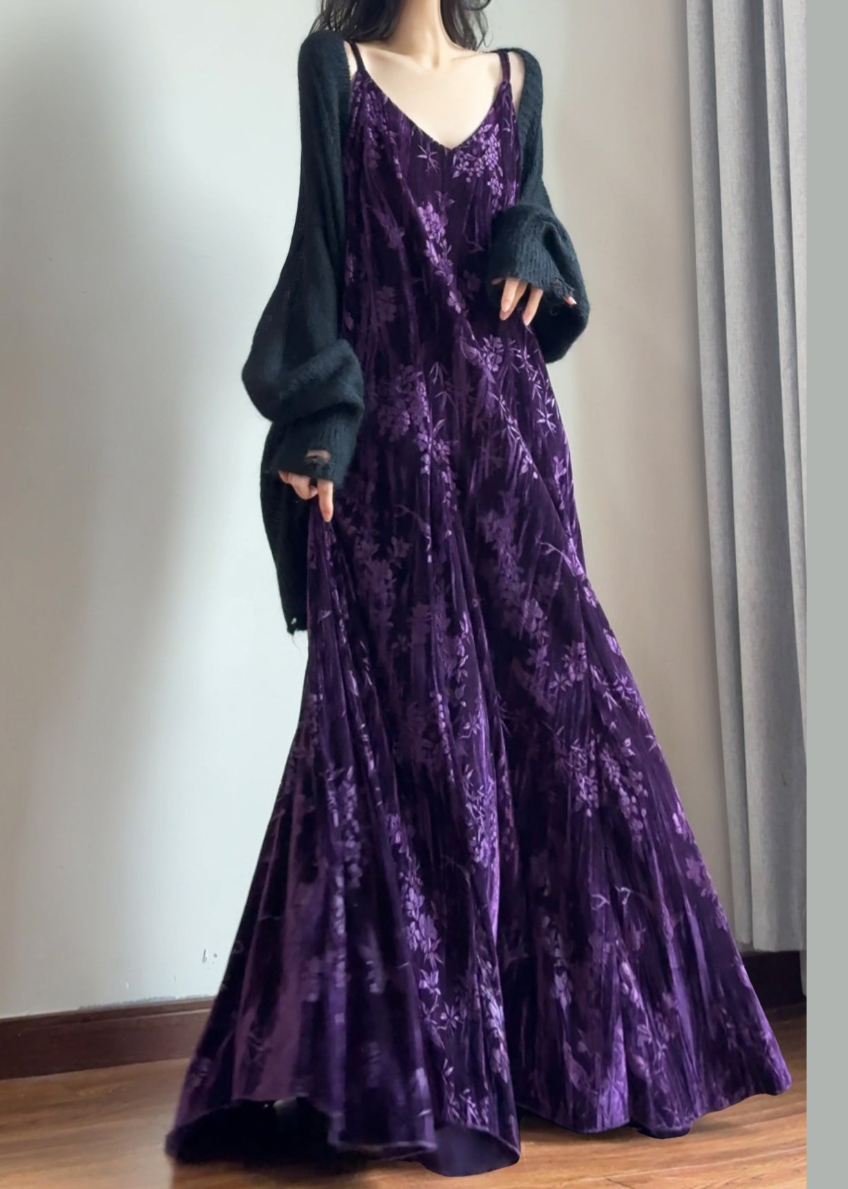 Velvet Burnout Floral Spaghetti Strap V-Neck A-Line Maxi Dress
