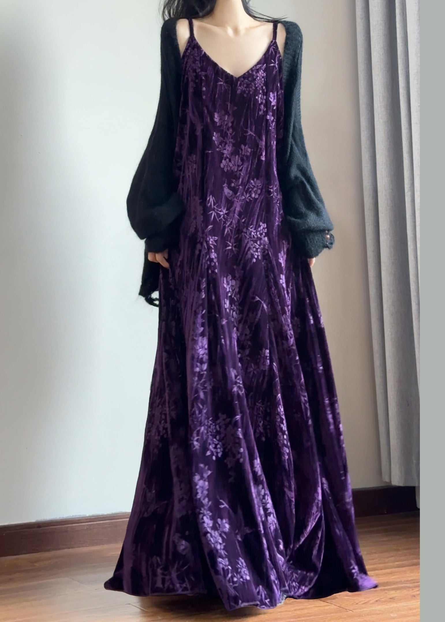 Velvet Burnout Floral Spaghetti Strap V-Neck A-Line Maxi Dress