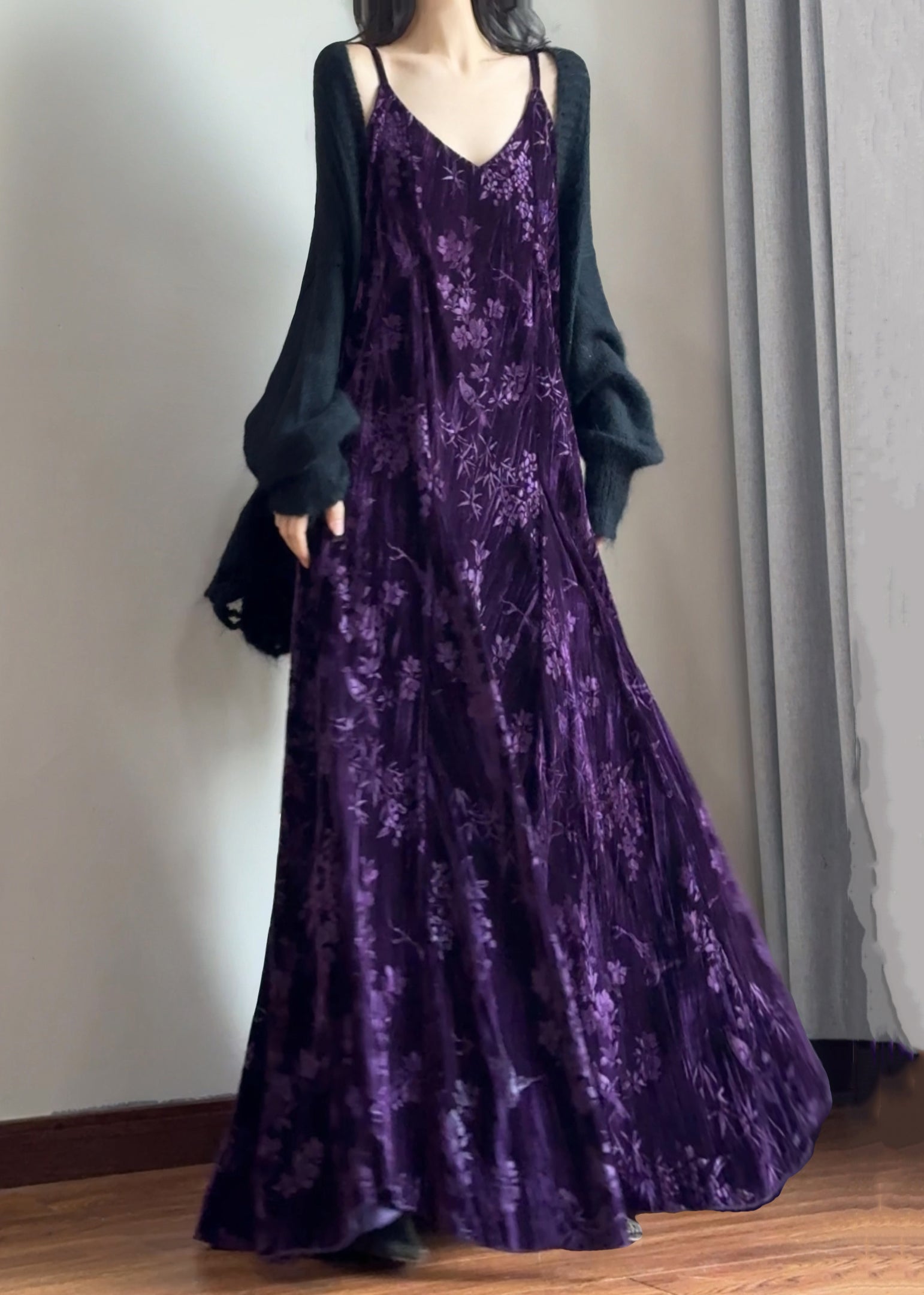Velvet Burnout Floral Spaghetti Strap V-Neck A-Line Maxi Dress