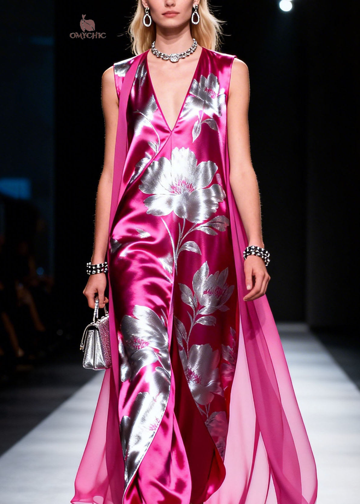 Metallic Floral Deep V-Neck Sleeveless Sheer Cape Wide Leg Jumpsuit