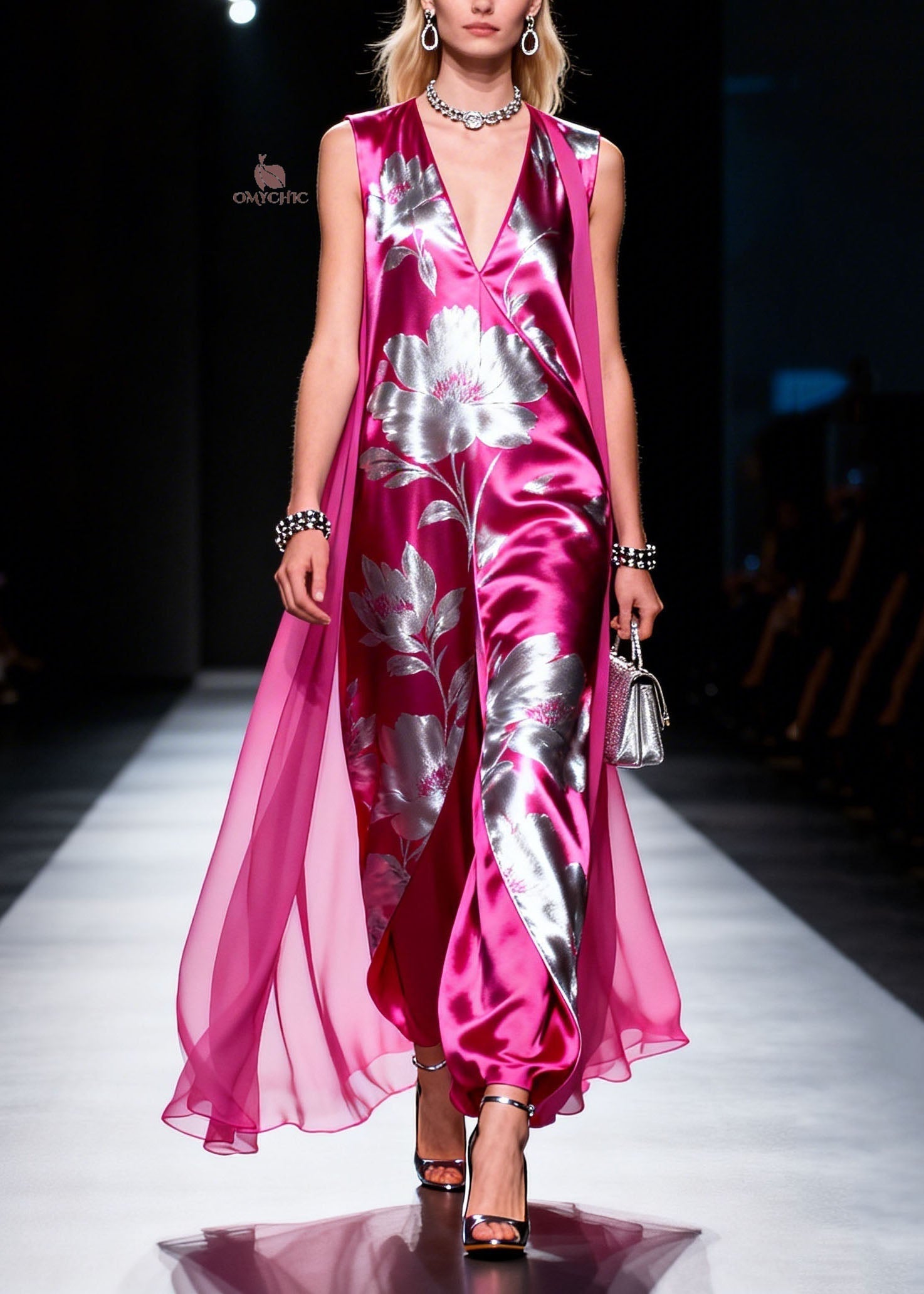 Metallic Floral Deep V-Neck Sleeveless Sheer Cape Wide Leg Jumpsuit