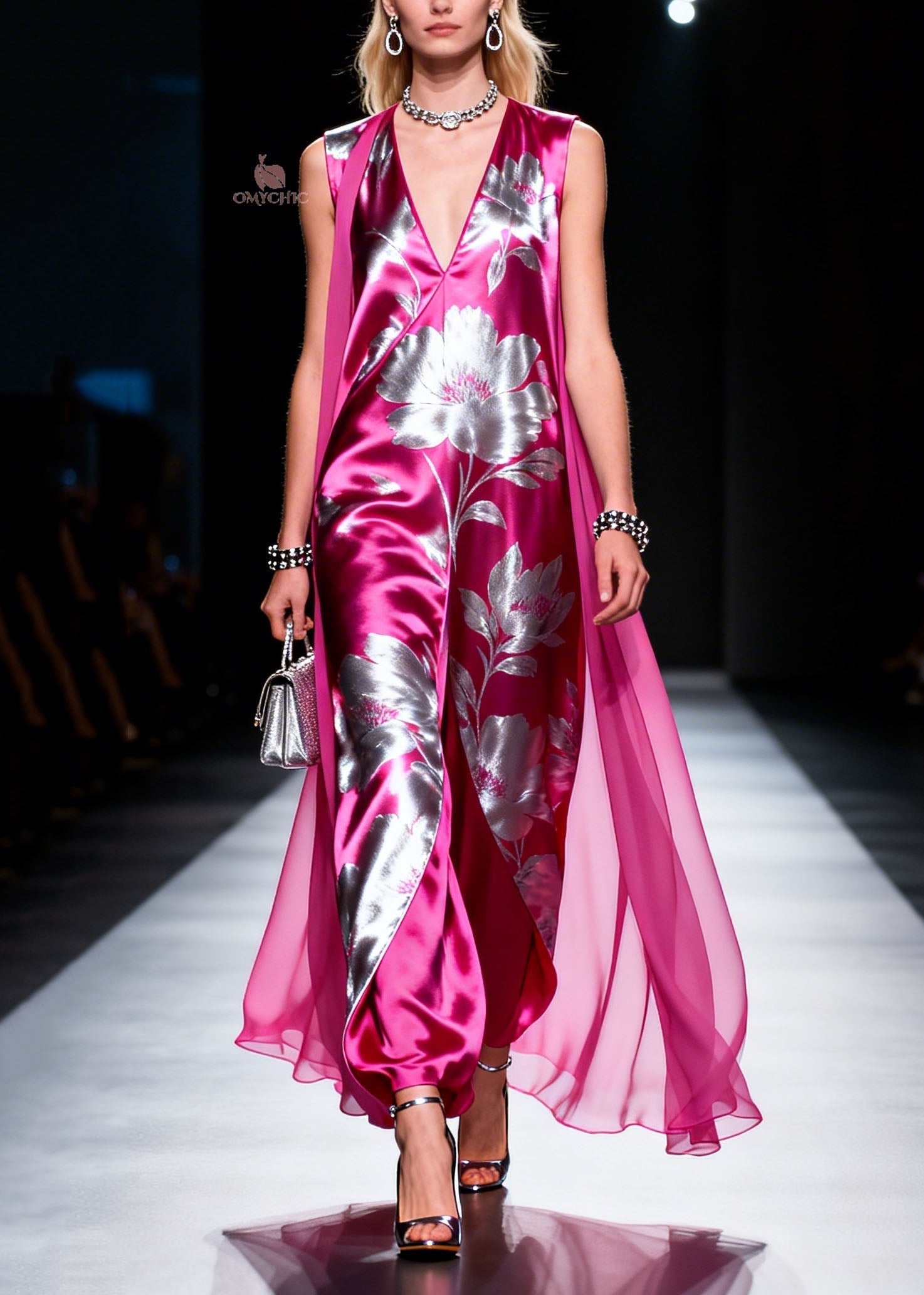 Metallic Floral Deep V-Neck Sleeveless Sheer Cape Wide Leg Jumpsuit