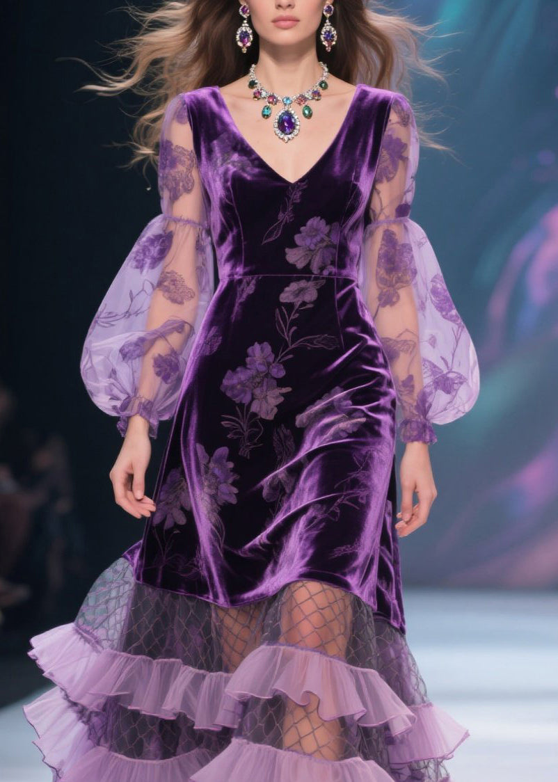 Italian Purple V Neck Print Tulle Ruffled Velvet Dress Fall 2