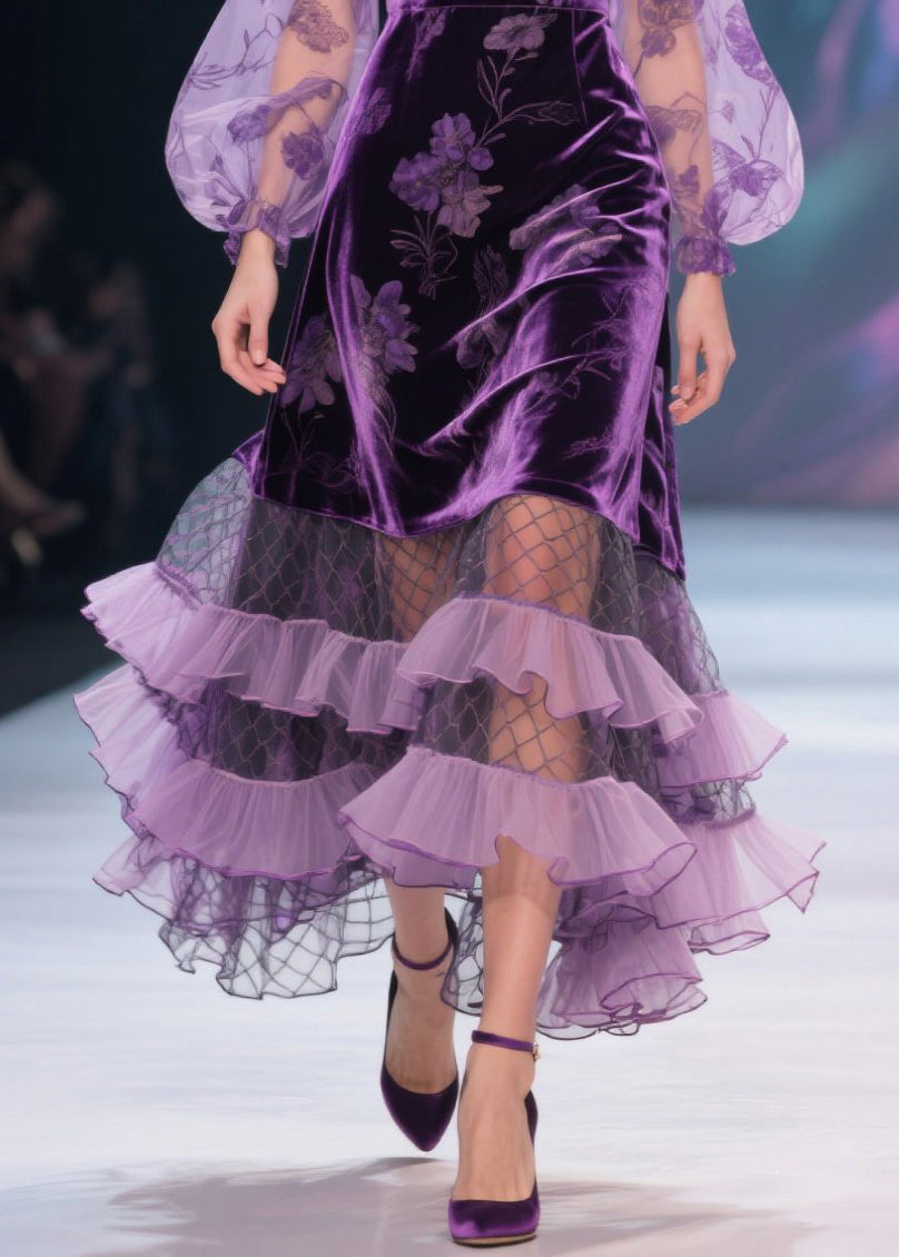Italian Purple V Neck Print Tulle Ruffled Velvet Dress Fall 4