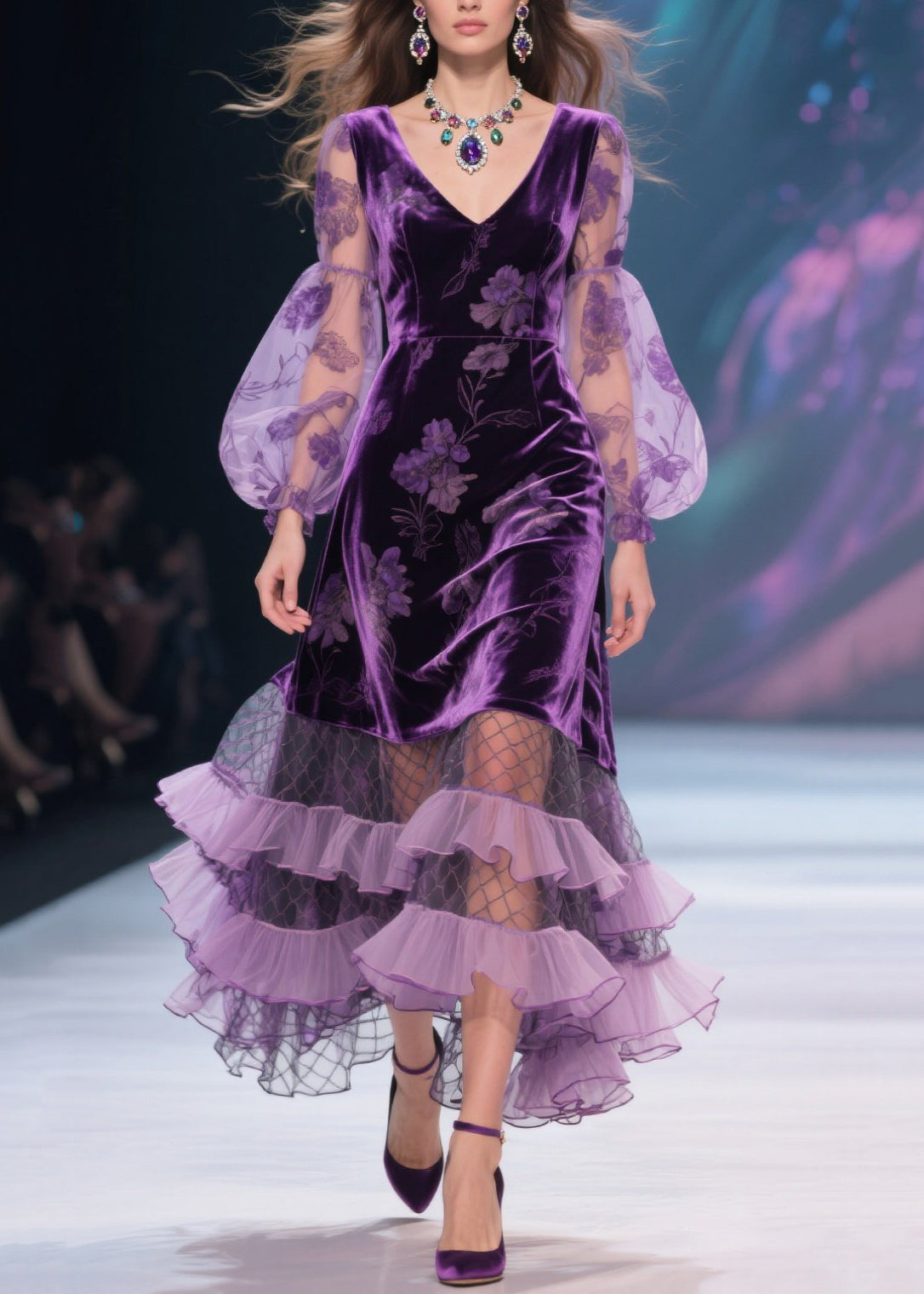 Italian Purple V Neck Print Tulle Ruffled Velvet Dress Fall 5