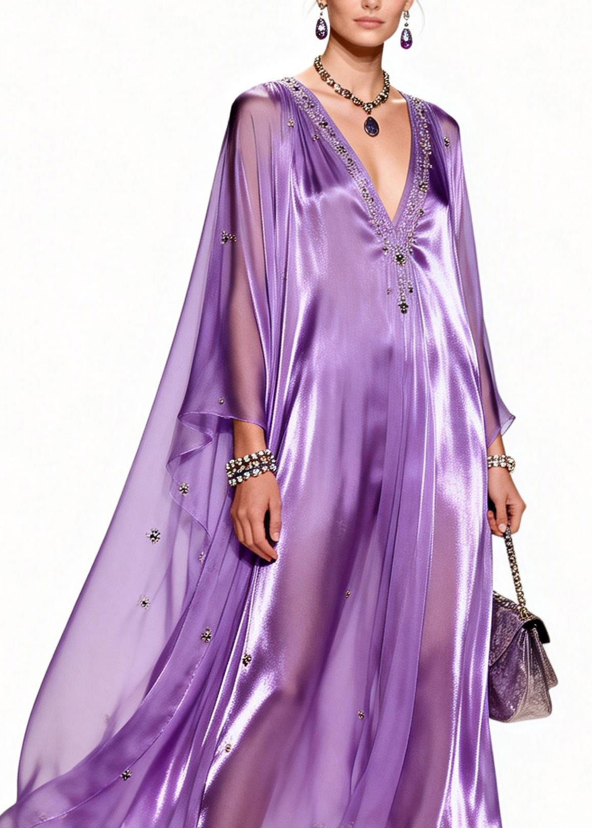 Sequin Floral Beaded Deep V-Neck Cape Sleeve Kaftan Maxi Gown