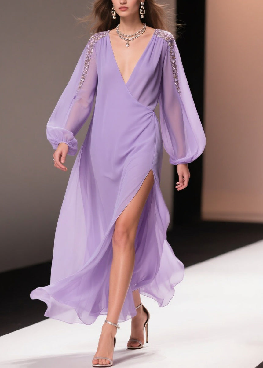 Chiffon Wrap Deep V-Neck Beaded Shoulder Bishop Sleeve Maxi Gown