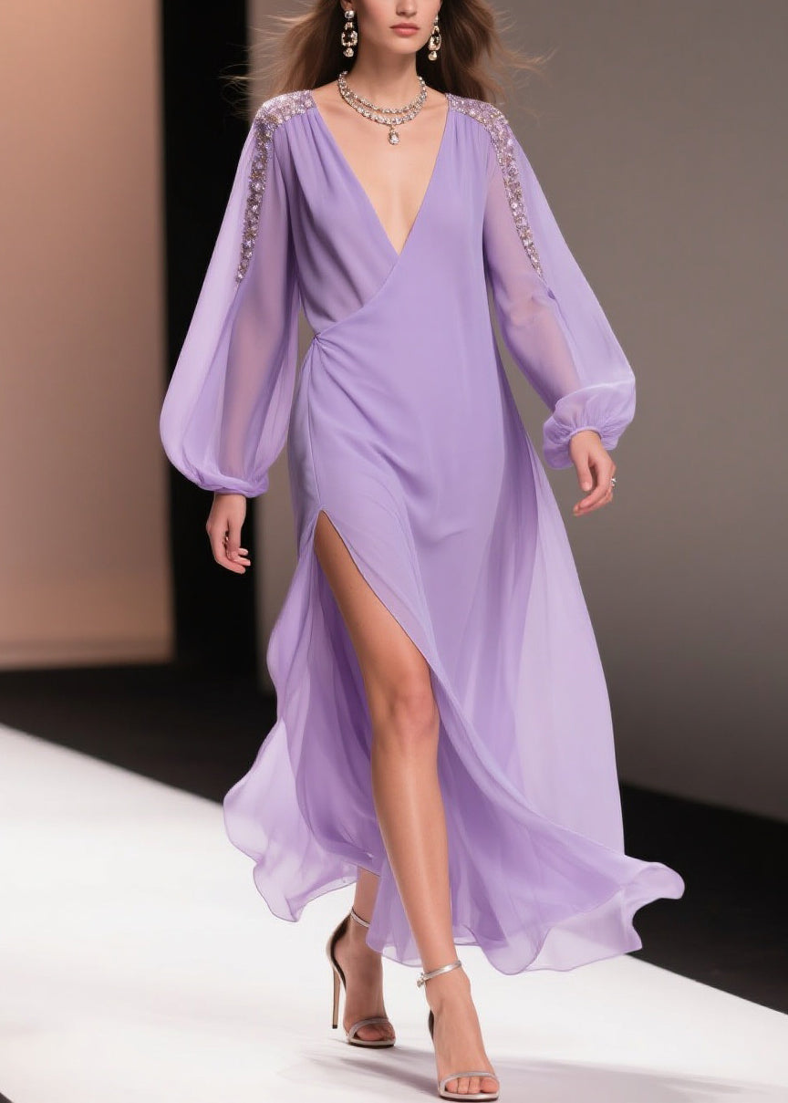 Chiffon Wrap Deep V-Neck Beaded Shoulder Bishop Sleeve High Split Maxi Gown