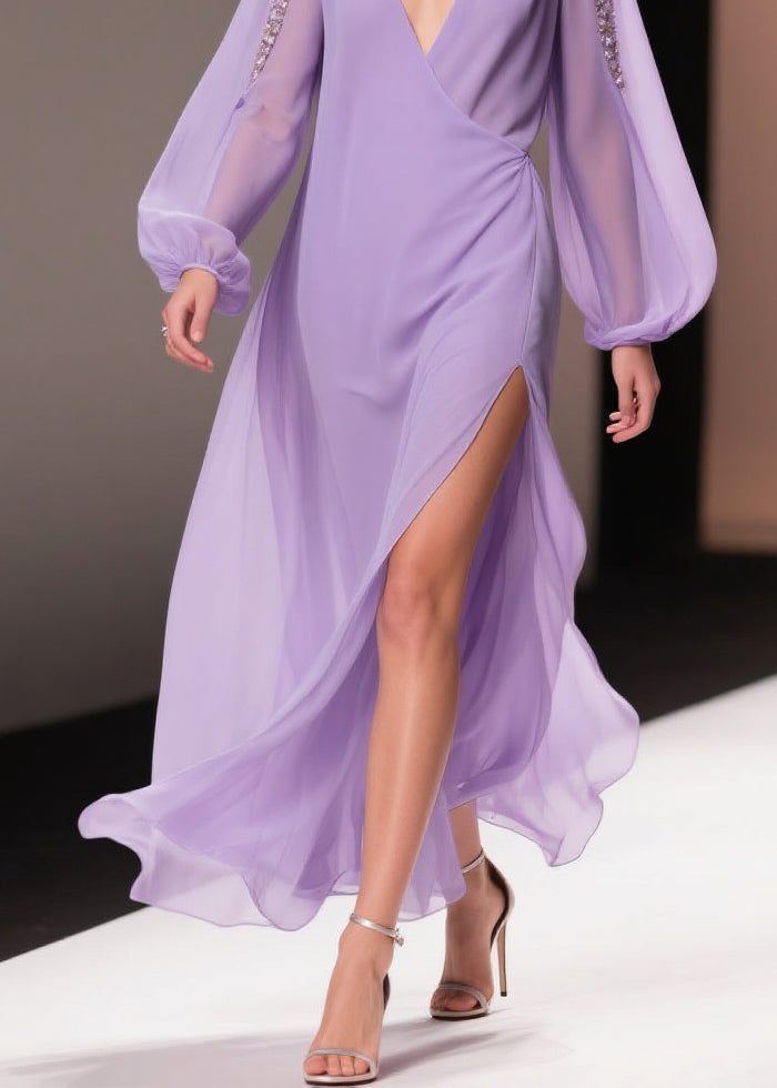 Chiffon Wrap Deep V-Neck Beaded Shoulder Bishop Sleeve High Split Maxi Gown