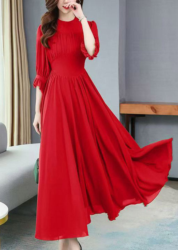 Chiffon Round Neck Ruffle Cuff Half Sleeve Pleated Bodice Swing Maxi Dress