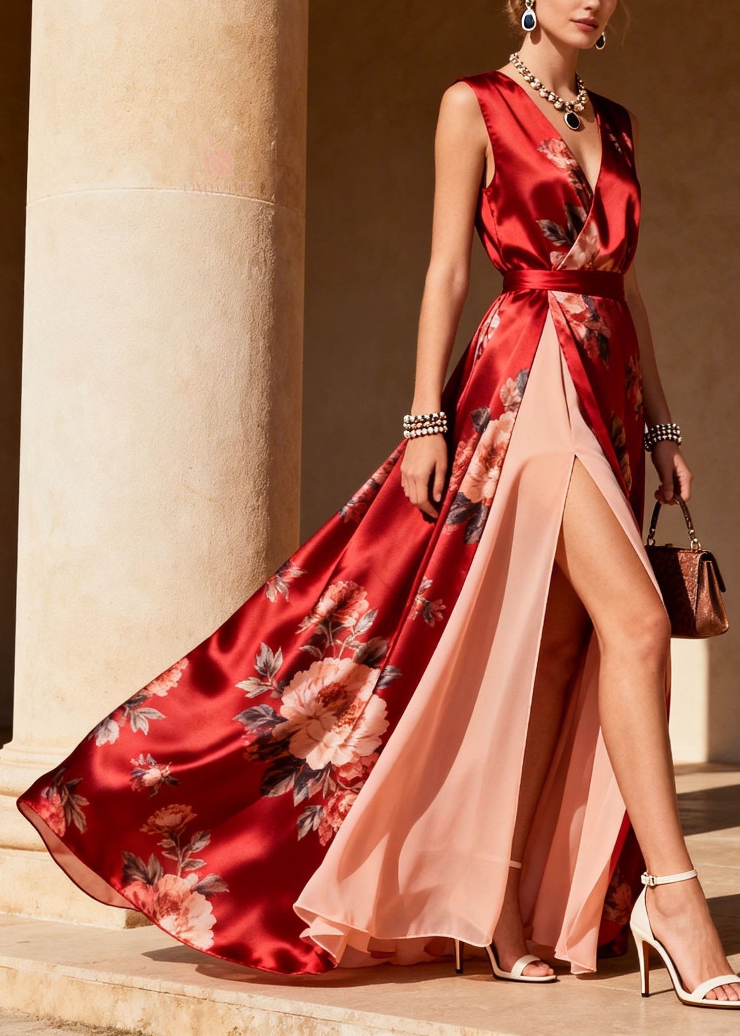 Italian Red V Neck Print Patchwork Chiffon Maxi Dresses Sleeveless - View 3