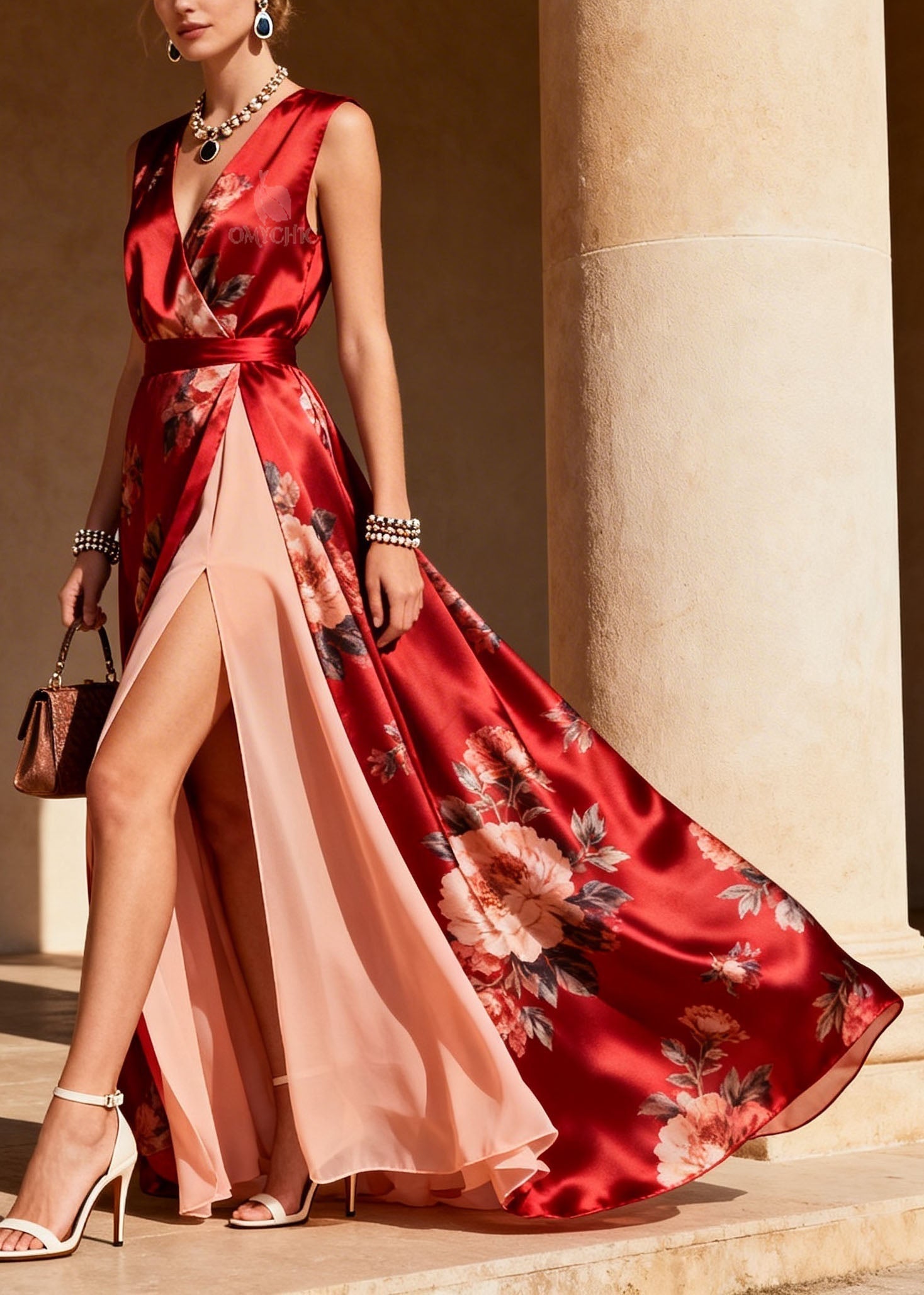 Italian Red V Neck Print Patchwork Chiffon Maxi Dresses Sleeveless - View 5