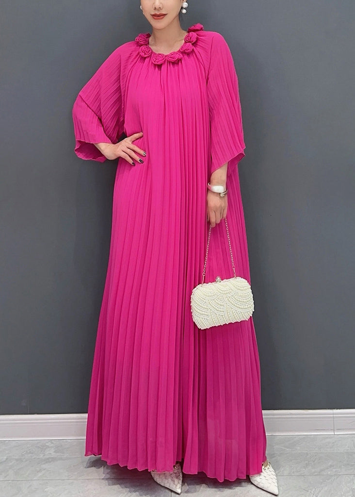Accordion Pleat Round Neck Rosette Appliqué Wide Flare Sleeve Oversized Maxi Gown