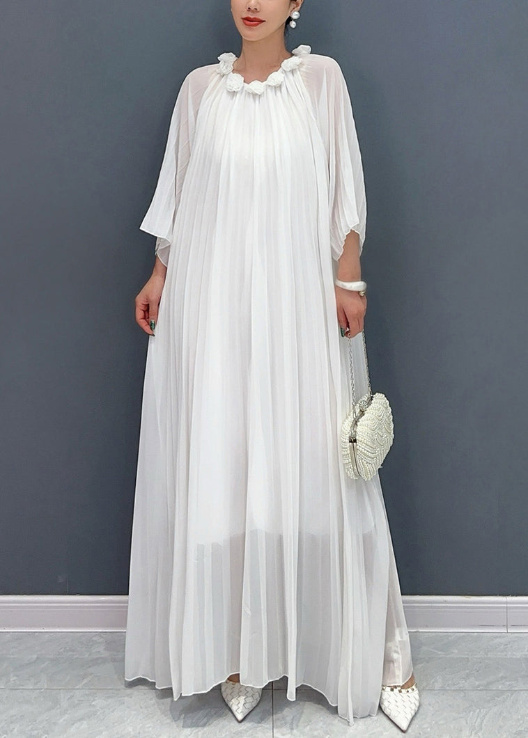 Accordion Pleat Round Neck Rosette Appliqué Wide Flare Sleeve Oversized Maxi Gown