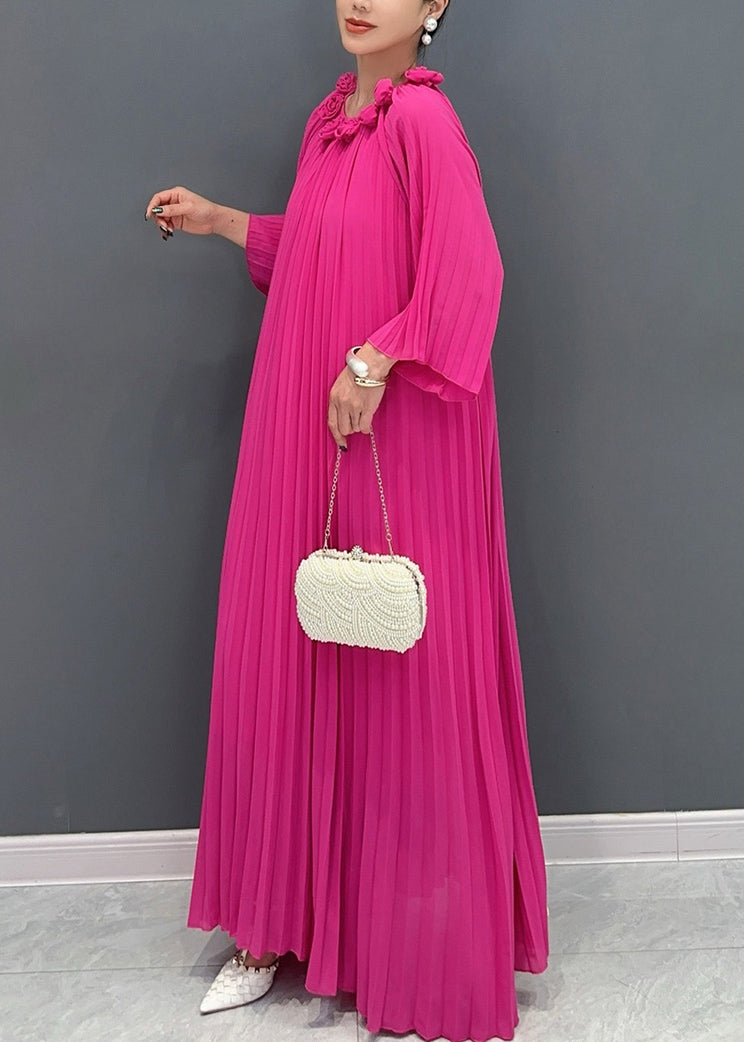 Accordion Pleat Round Neck Rosette Appliqué Wide Flare Sleeve Oversized Maxi Gown