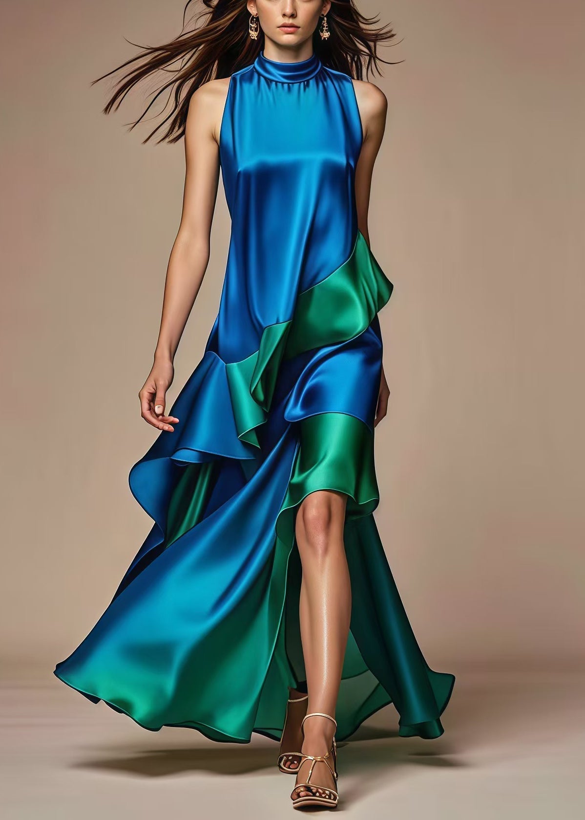 Italian Royal Blue Asymmetrical Patchwork Silk Dress