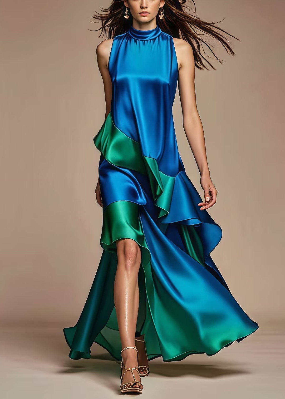 Italian Royal Blue Asymmetrical Patchwork Silk Dress