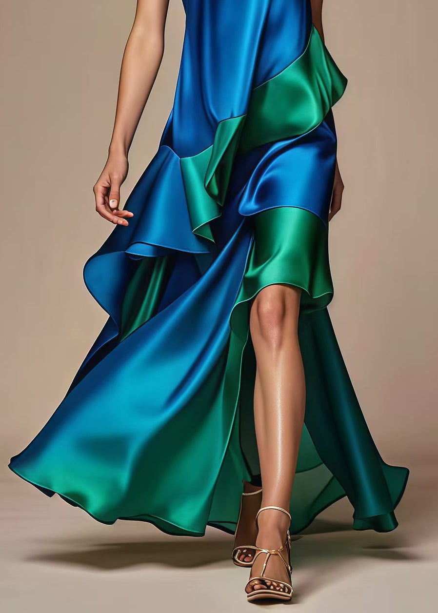 Italian Royal Blue Asymmetrical Patchwork Silk Dress