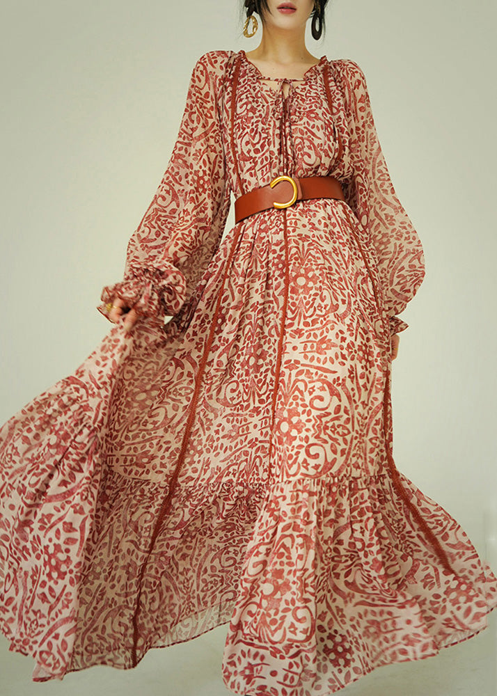Italian Ruffled Print Lace Up Cotton Long Dress Fall 2