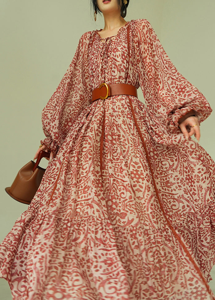Italian Ruffled Print Lace Up Cotton Long Dress Fall 3
