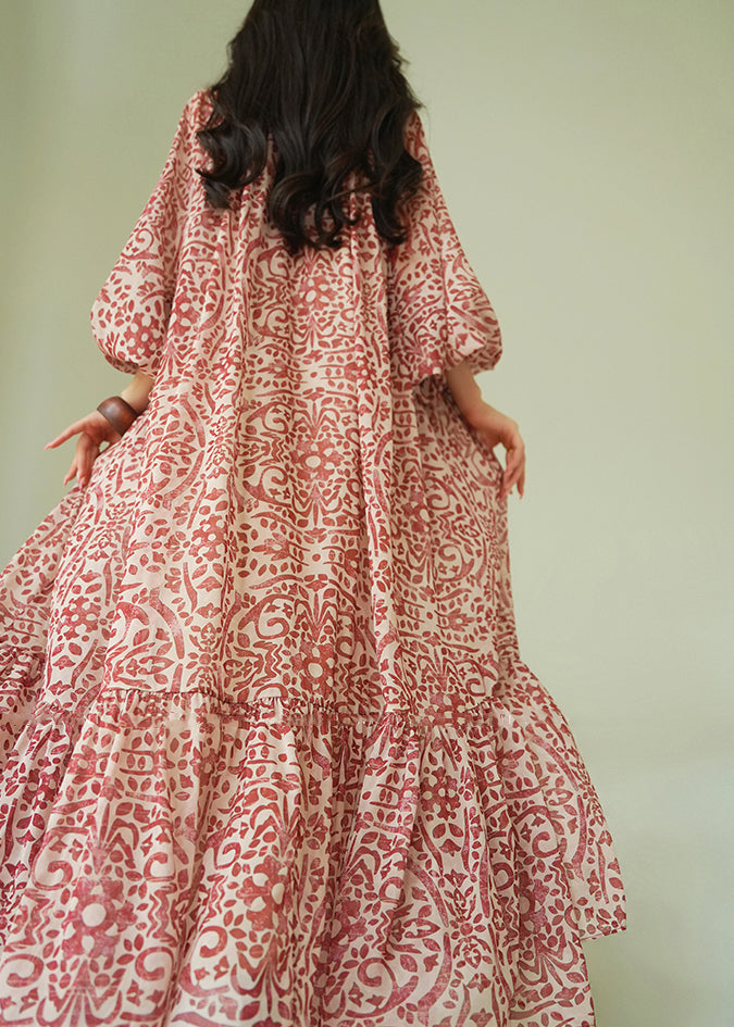 Italian Ruffled Print Lace Up Cotton Long Dress Fall 5
