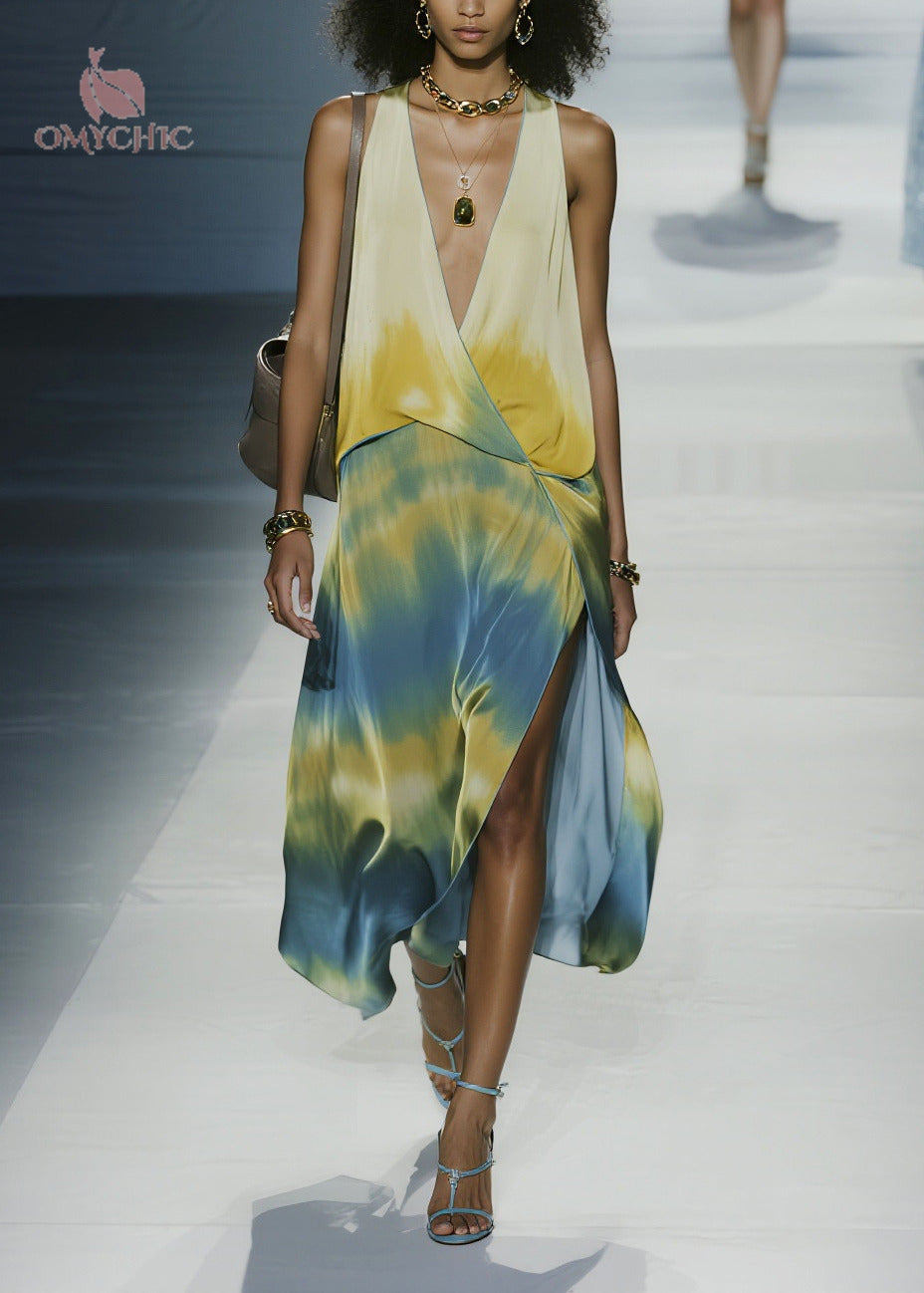 Italian Tie Dye Side Open Chiffon Maxi Dresses Sleeveless - View 5
