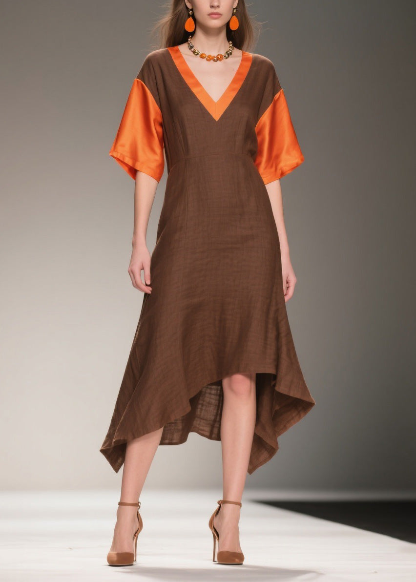 Deep V-Neck Bell Sleeve Satin Trim Woven A-Line Midi Dress