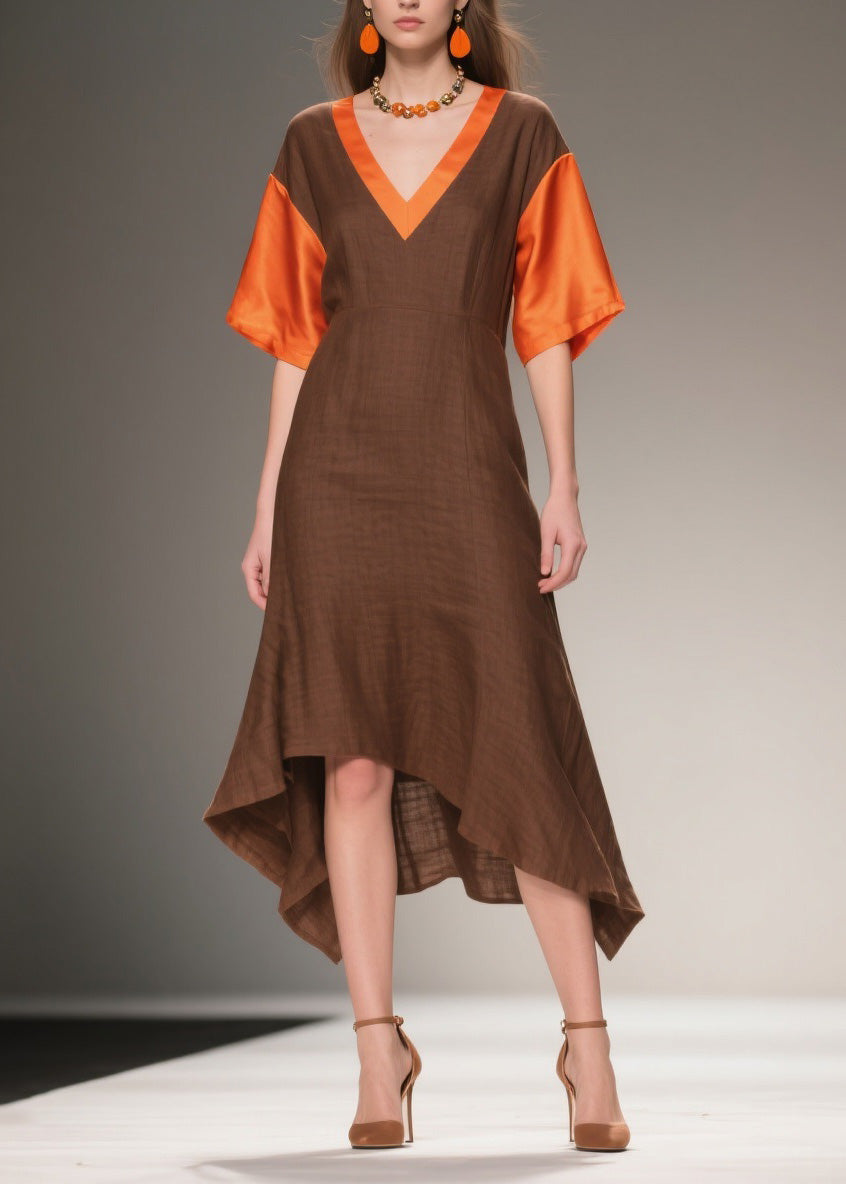 Deep V-Neck Bell Sleeve Satin Trim Woven A-Line Handkerchief Hem Midi Dress