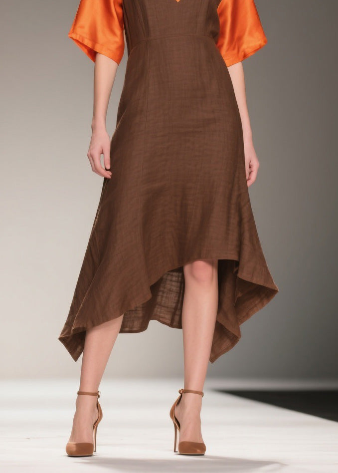 Deep V-Neck Bell Sleeve Satin Trim Woven A-Line Handkerchief Hem Midi Dress