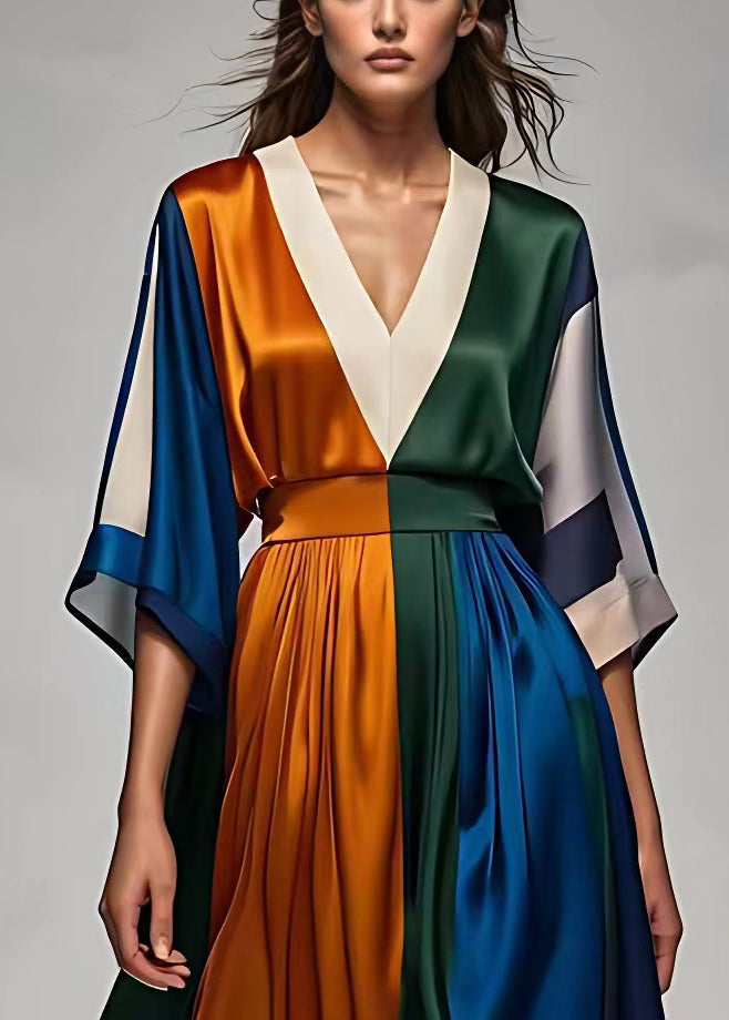 Satin Deep V-Neck Kimono Sleeve Colorblock Pleated Waistband Maxi Dress