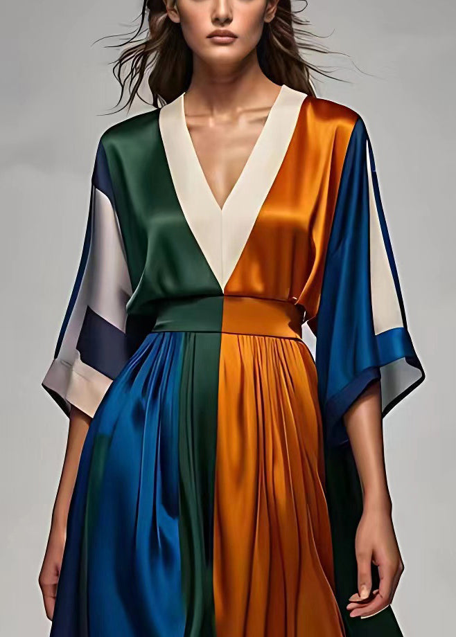 Satin Deep V-Neck Kimono Sleeve Colorblock Pleated Waistband Maxi Dress