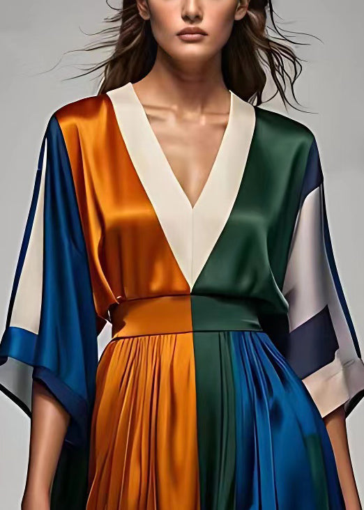 Satin Deep V-Neck Kimono Sleeve Colorblock Pleated Waistband Maxi Dress