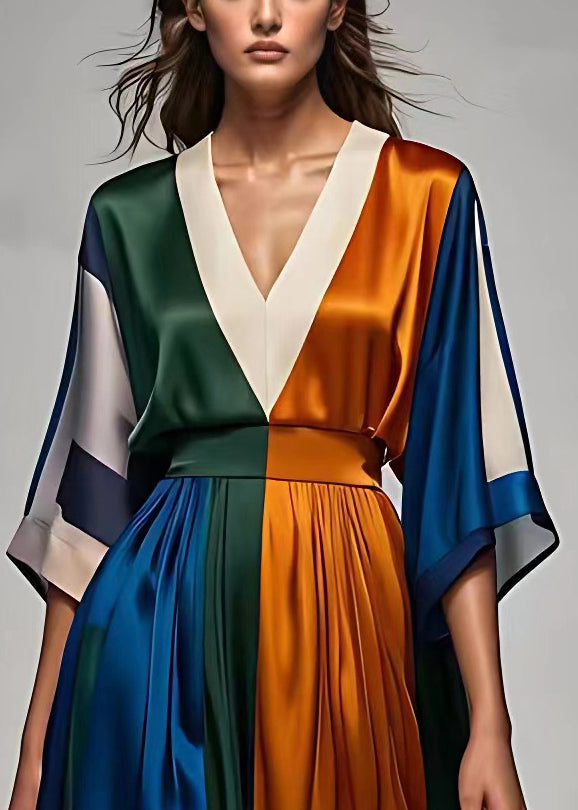 Satin Deep V-Neck Kimono Sleeve Colorblock Pleated Waistband Maxi Dress