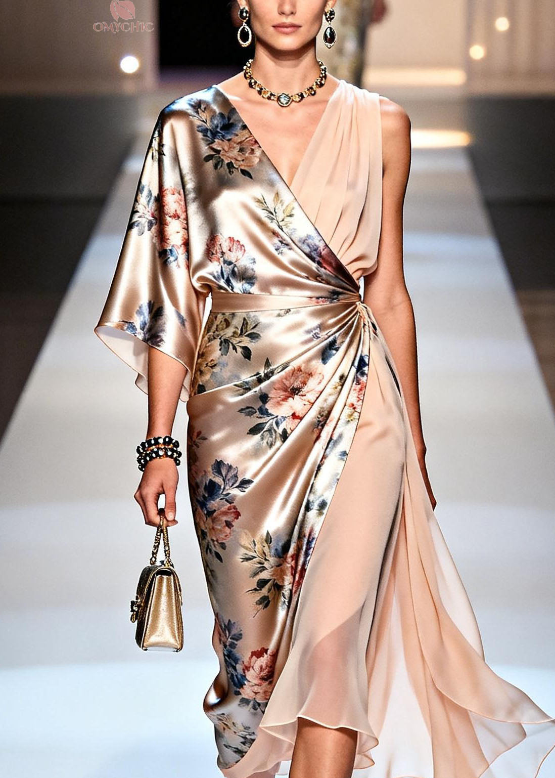 Satin Floral Print One Shoulder Asymmetric Wrap Chiffon Panel Midi Dress