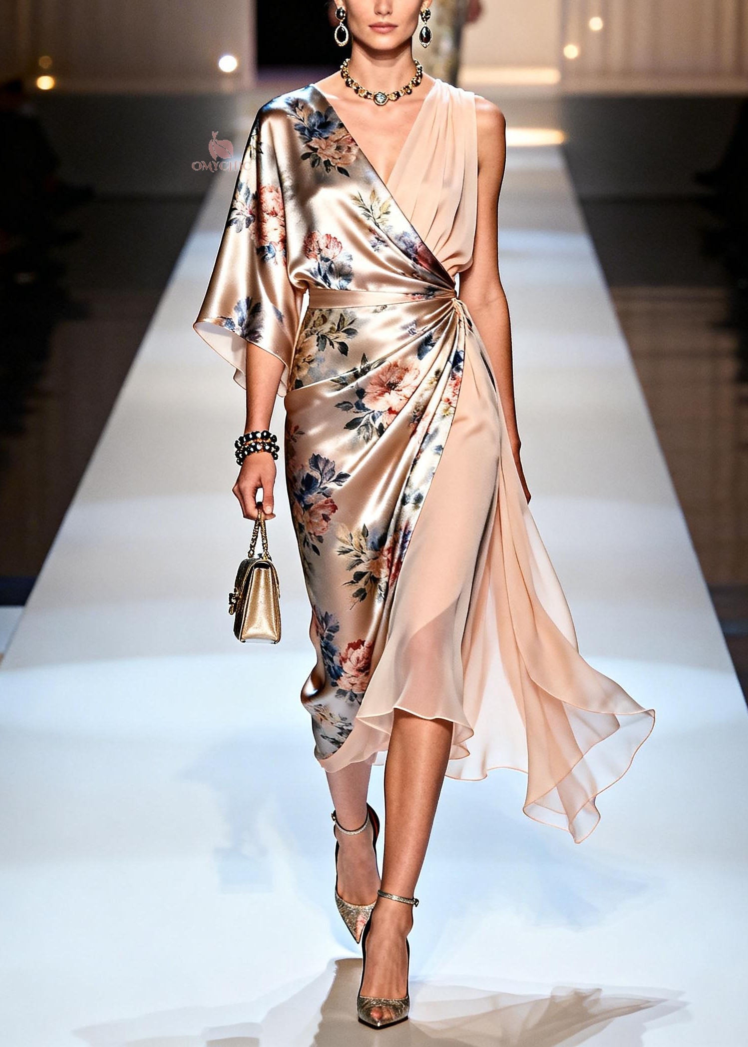 Satin Floral Print One Shoulder Asymmetric Wrap Chiffon Panel Midi Dress