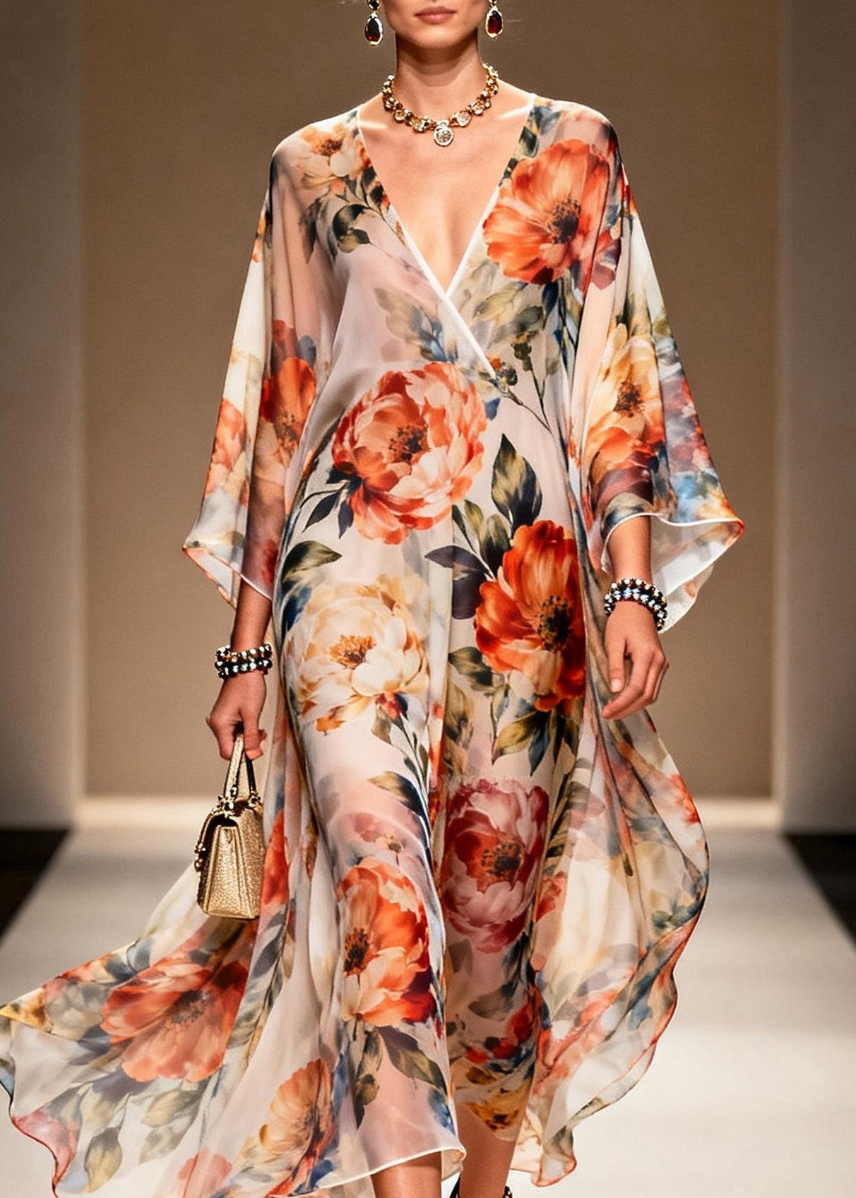 Floral Print Deep V-Neck Wrap Kimono Sleeve High Split Maxi Gown
