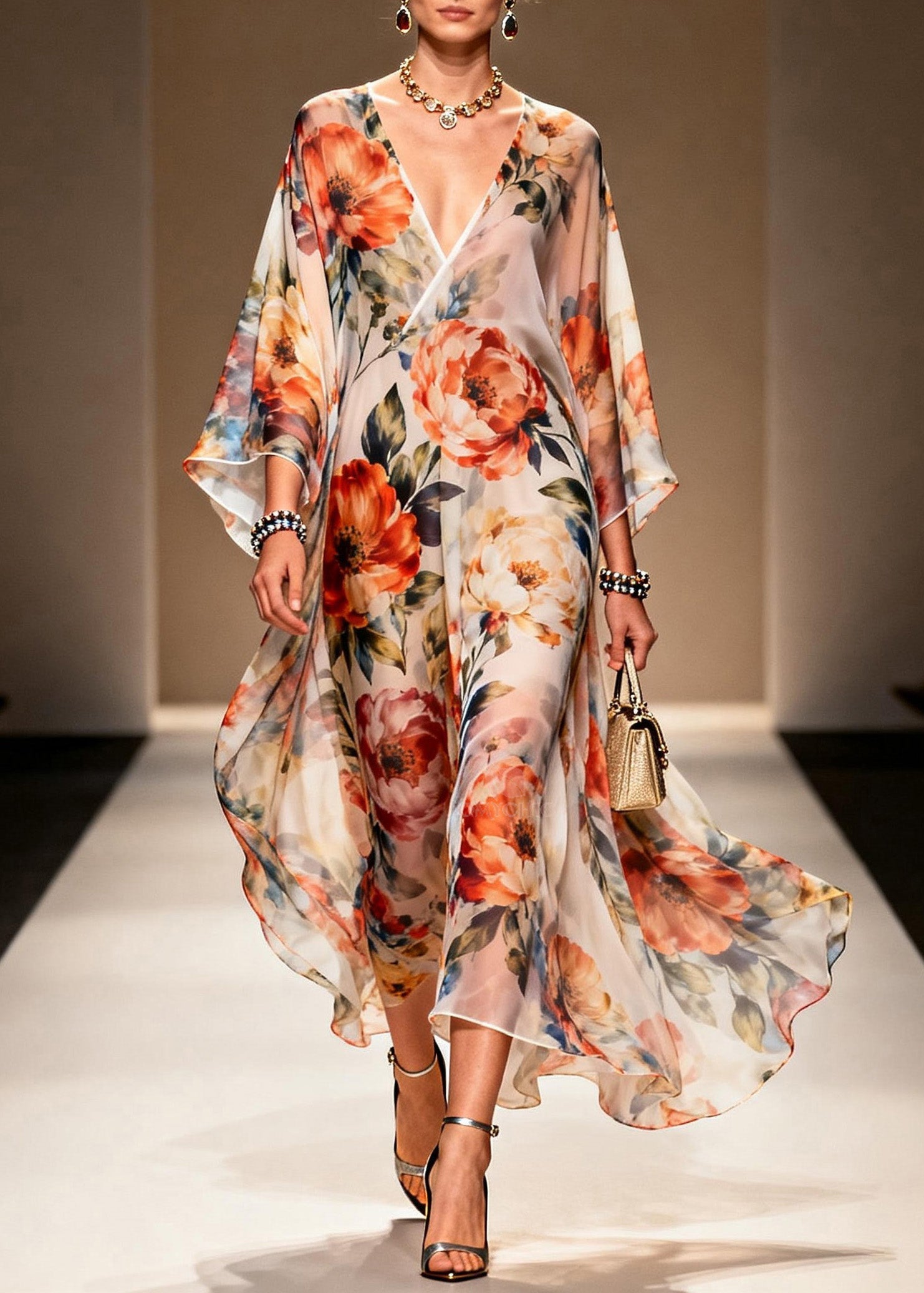 Floral Print Deep V-Neck Wrap Kimono Sleeve High Split Maxi Gown